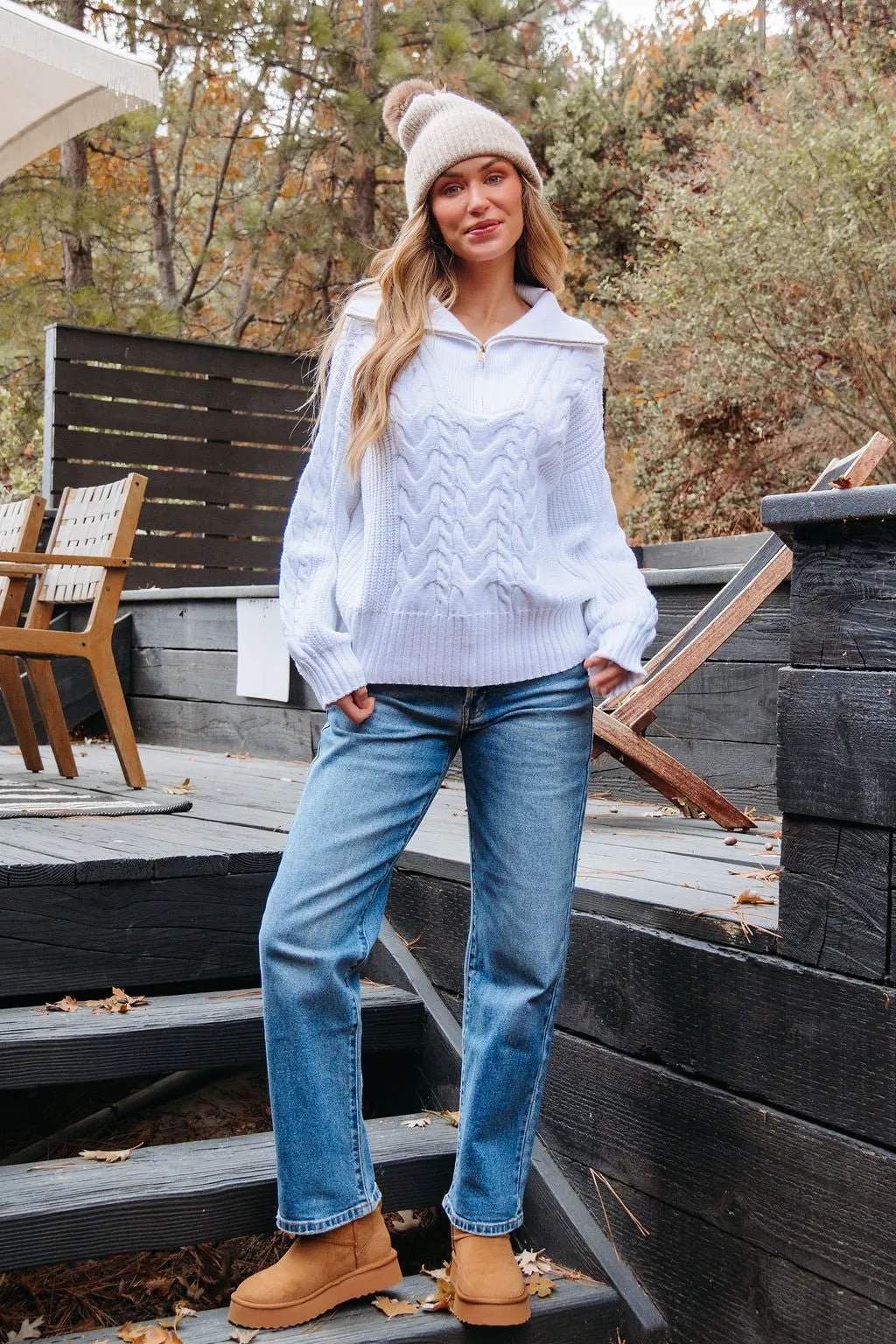 White Quarter Zip Cable Knit Sweater