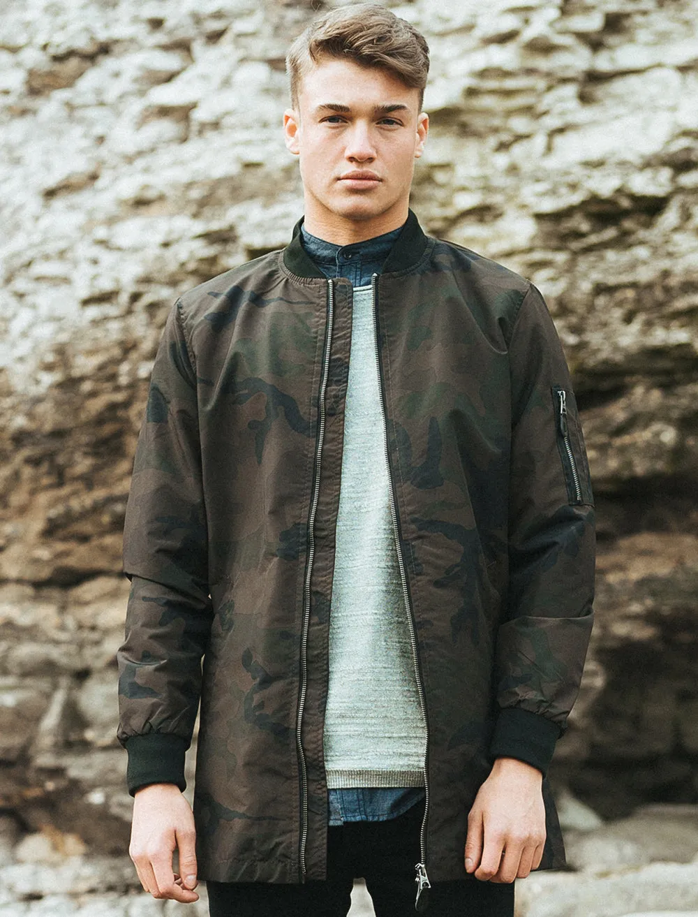 Wilton Longline Bomber Jacket in Khaki Camo - Tokyo Laundry