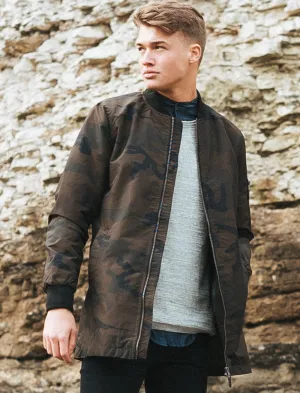 Wilton Longline Bomber Jacket in Khaki Camo - Tokyo Laundry