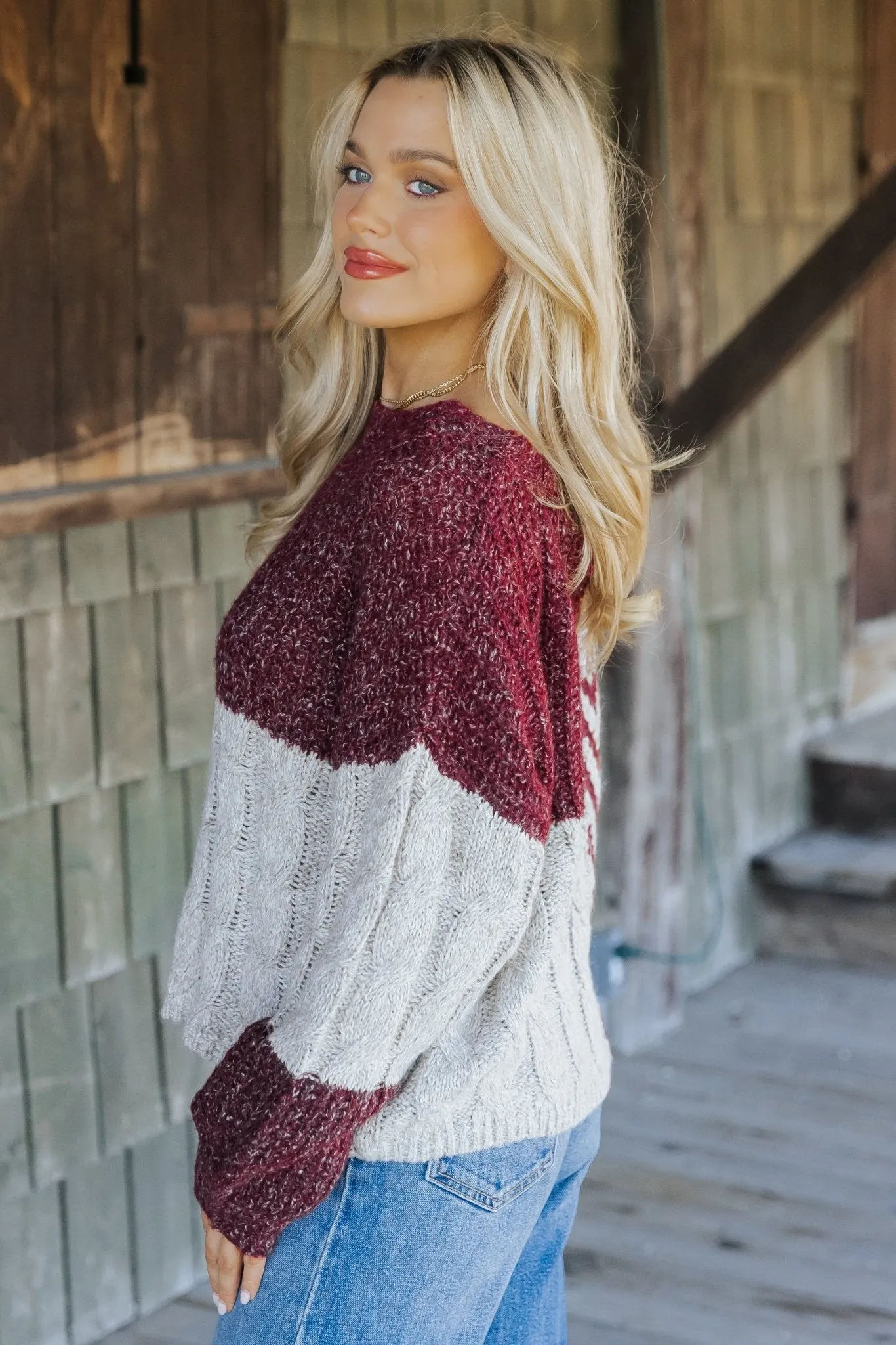 Wine Multi Color Block Cable Knit Sweater