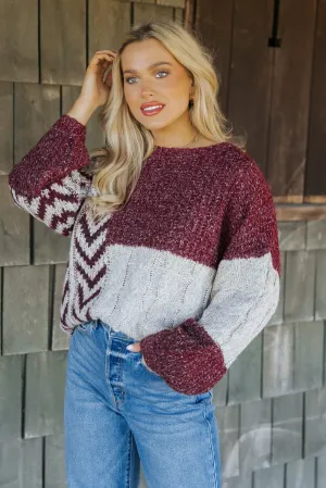 Wine Multi Color Block Cable Knit Sweater