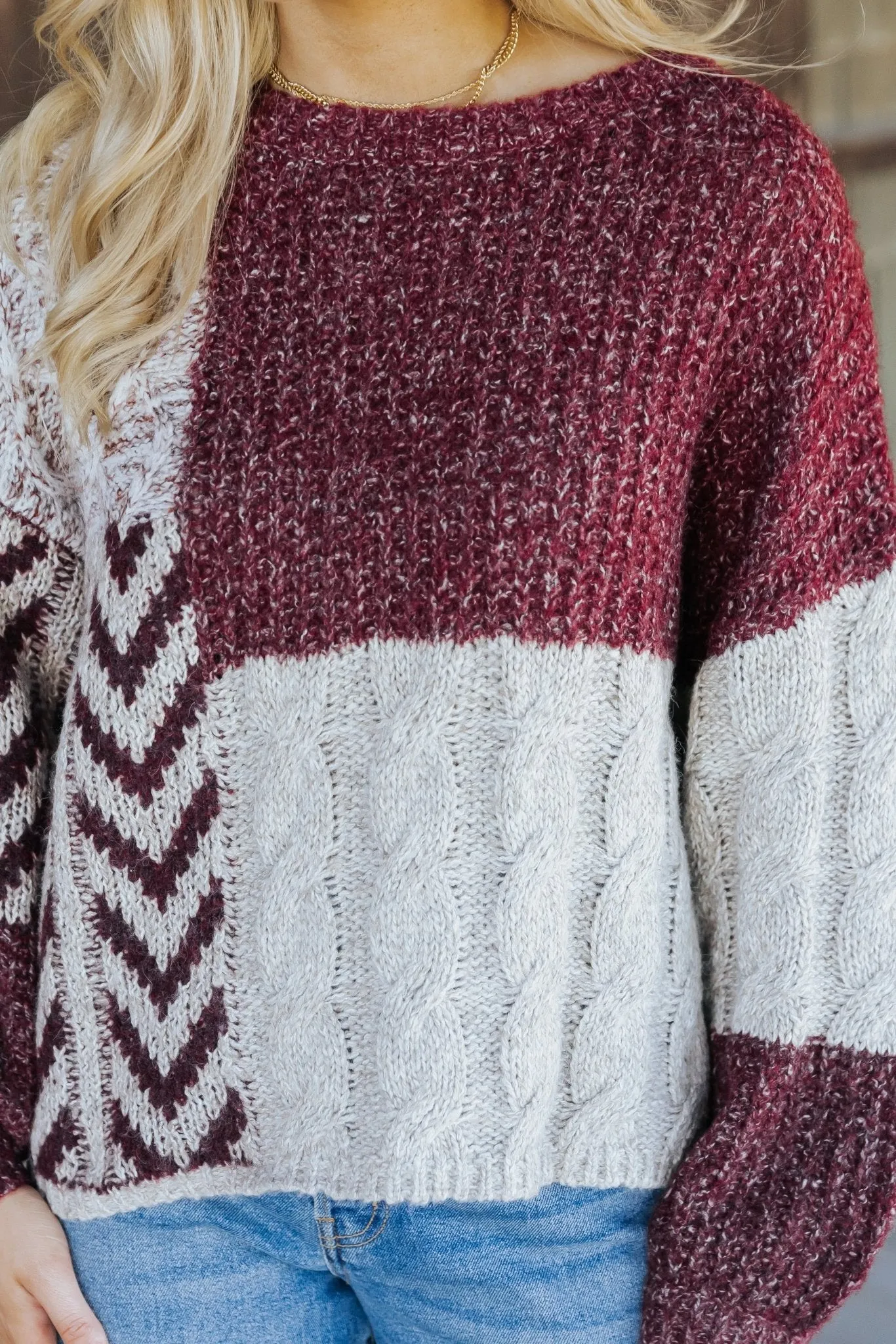 Wine Multi Color Block Cable Knit Sweater