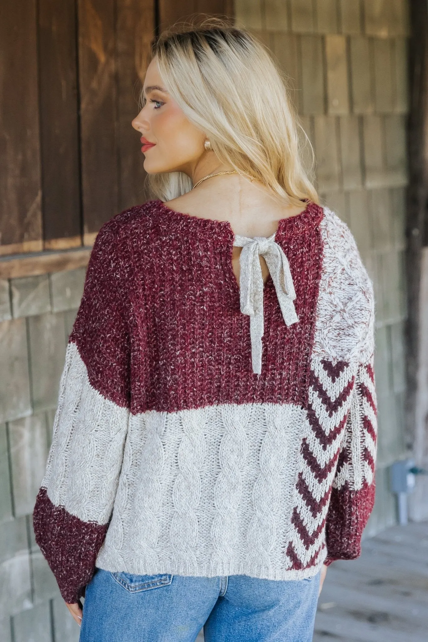 Wine Multi Color Block Cable Knit Sweater