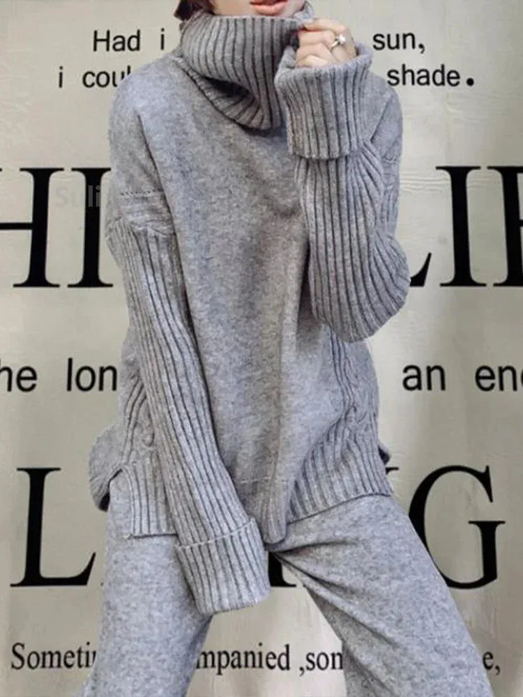 Winter Knitted Suits 2 Piece Set Solid Turtleneck Sweater   Loose Pants