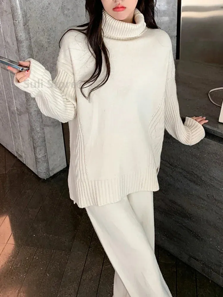 Winter Knitted Suits 2 Piece Set Solid Turtleneck Sweater   Loose Pants