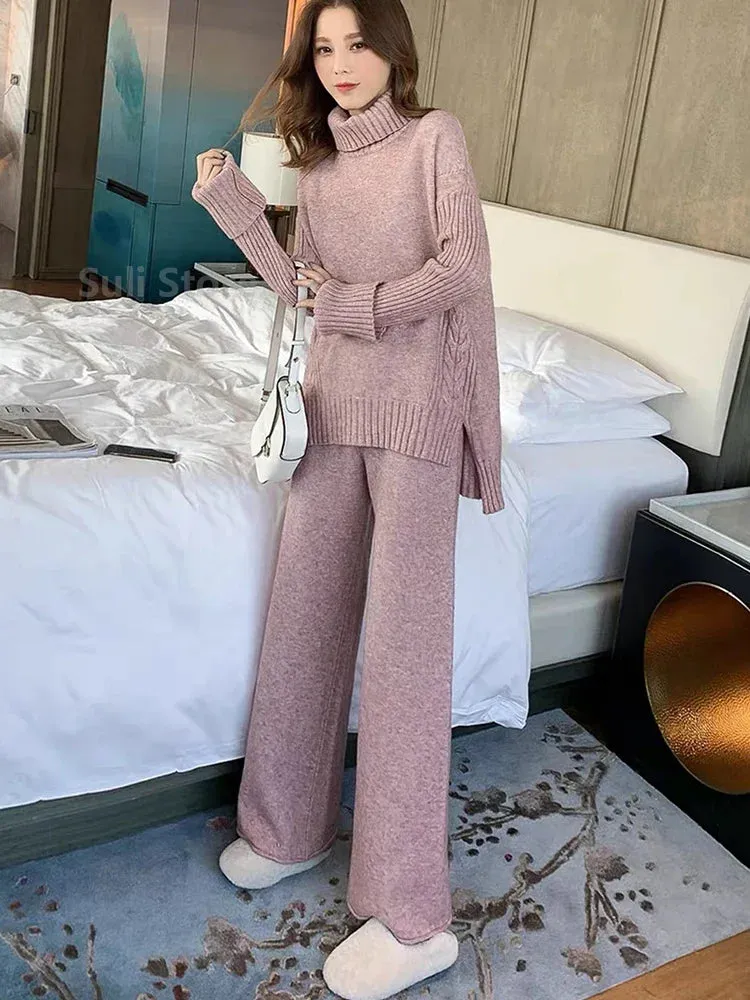 Winter Knitted Suits 2 Piece Set Solid Turtleneck Sweater   Loose Pants