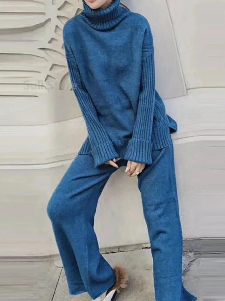 Winter Knitted Suits 2 Piece Set Solid Turtleneck Sweater   Loose Pants