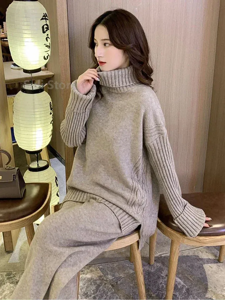 Winter Knitted Suits 2 Piece Set Solid Turtleneck Sweater   Loose Pants