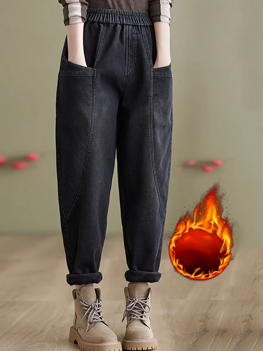 Women Autumn Vintage Solid Fleece-lined Harem Pants