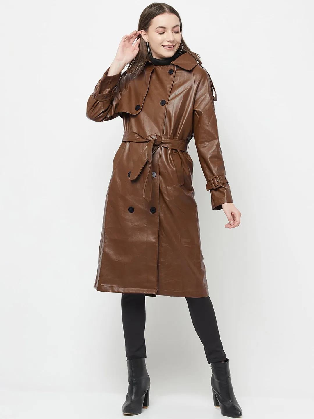 Women Coffee Brown Solid Double-Breasted Trench Coat