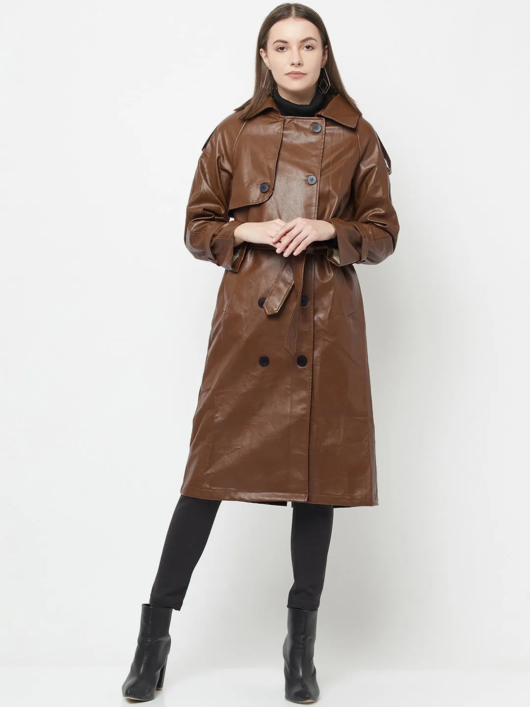 Women Coffee Brown Solid Double-Breasted Trench Coat