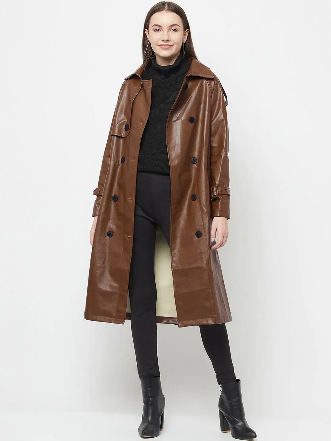 Women Coffee Brown Solid Double-Breasted Trench Coat