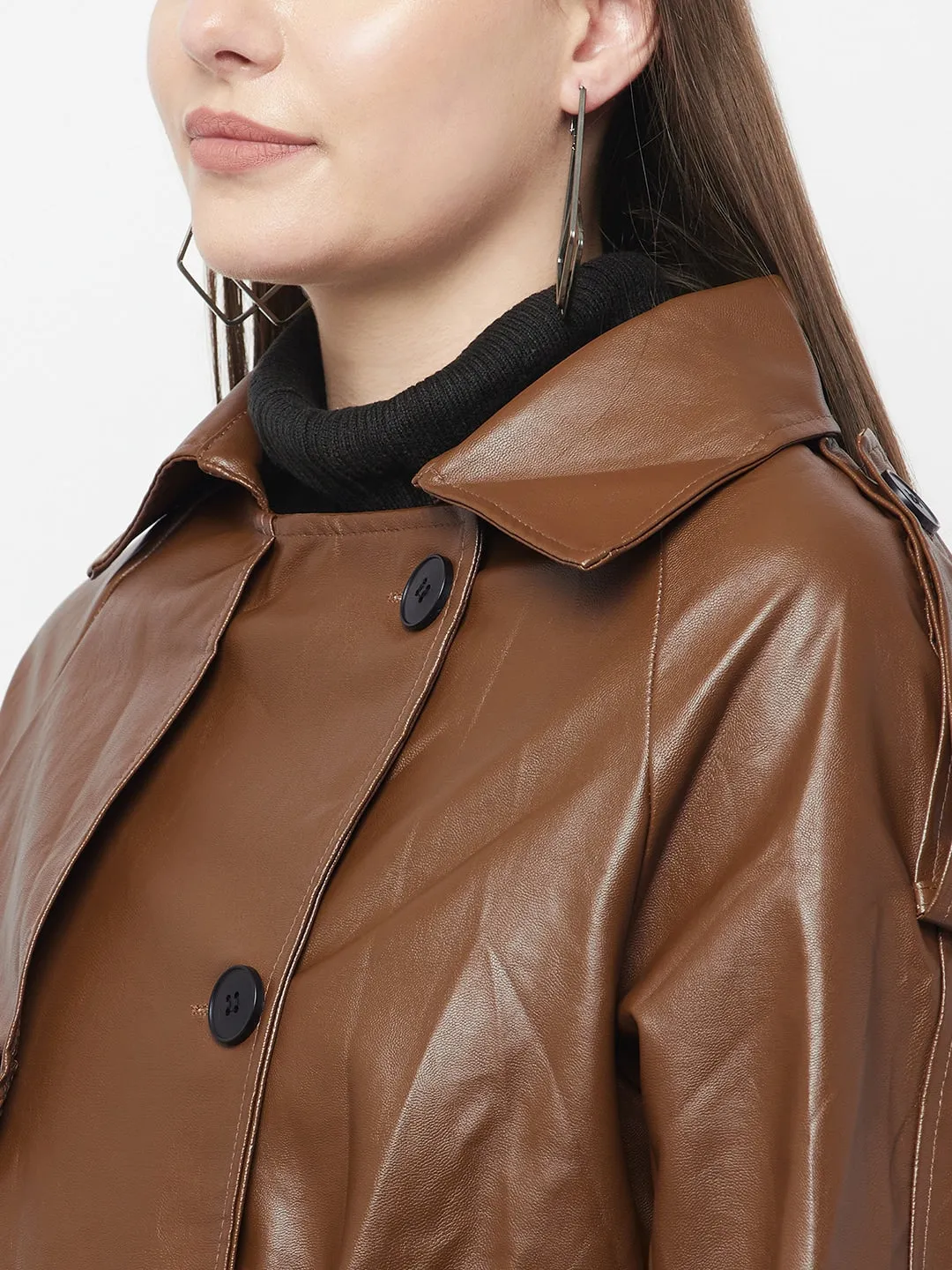 Women Coffee Brown Solid Double-Breasted Trench Coat