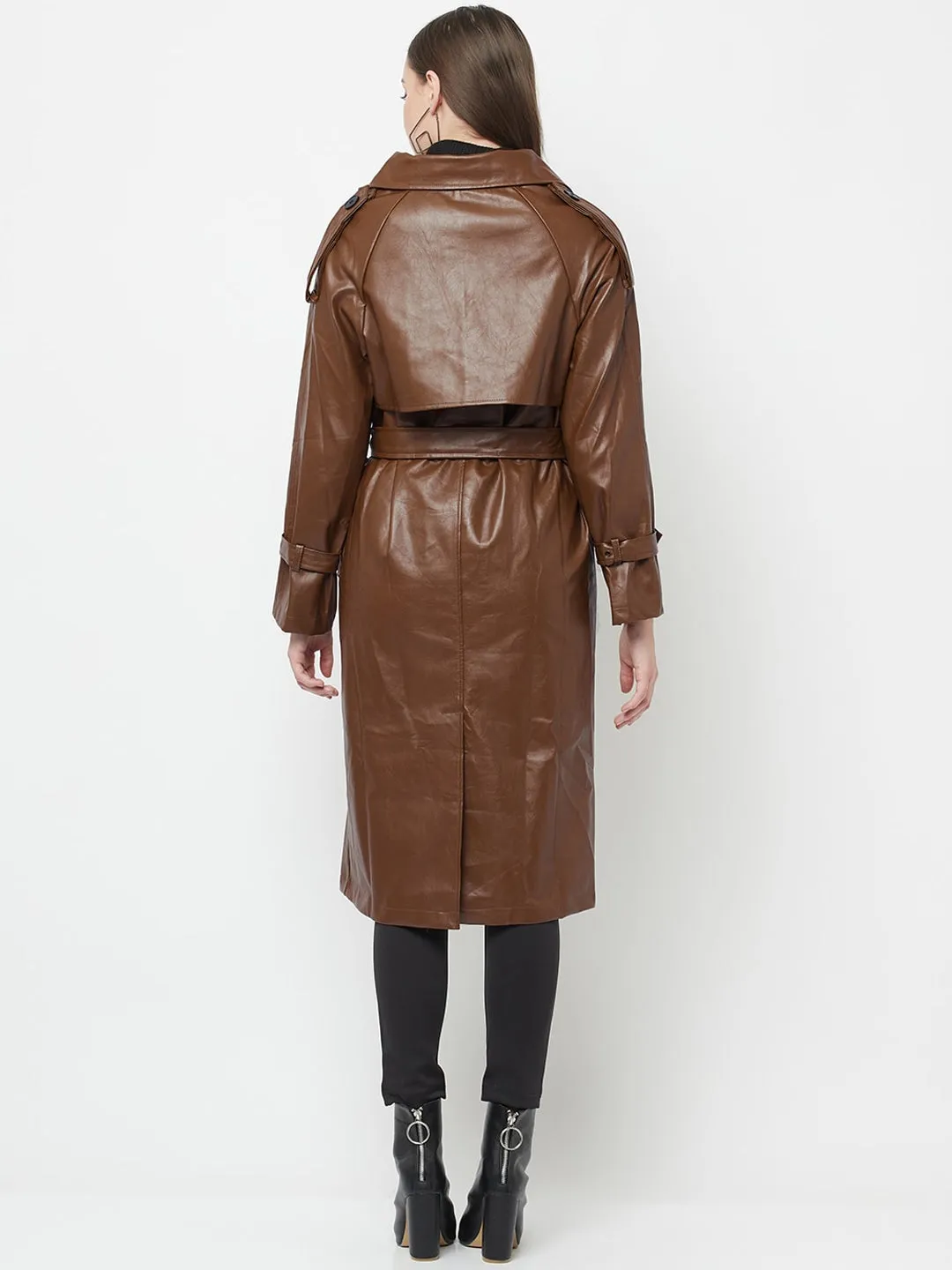 Women Coffee Brown Solid Double-Breasted Trench Coat