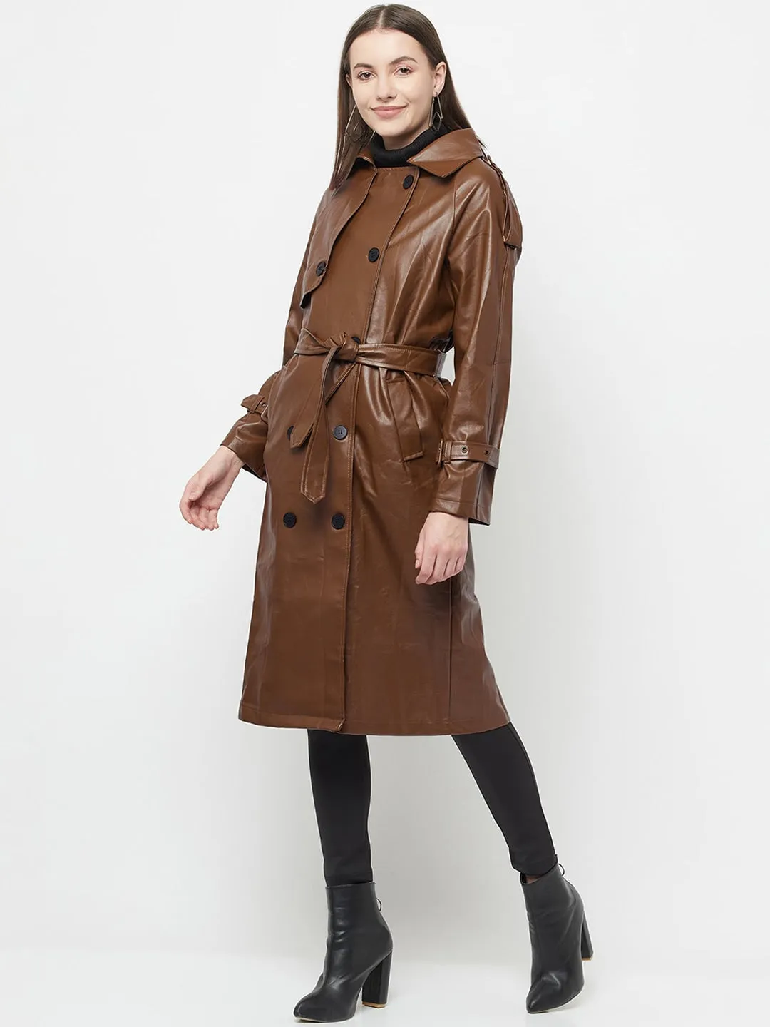 Women Coffee Brown Solid Double-Breasted Trench Coat