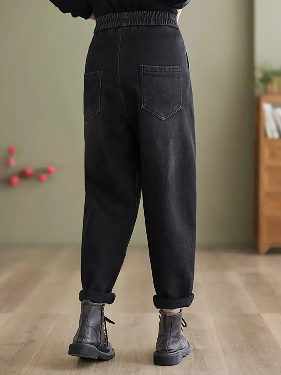 Women Fleece-lined Denim Harem Pants