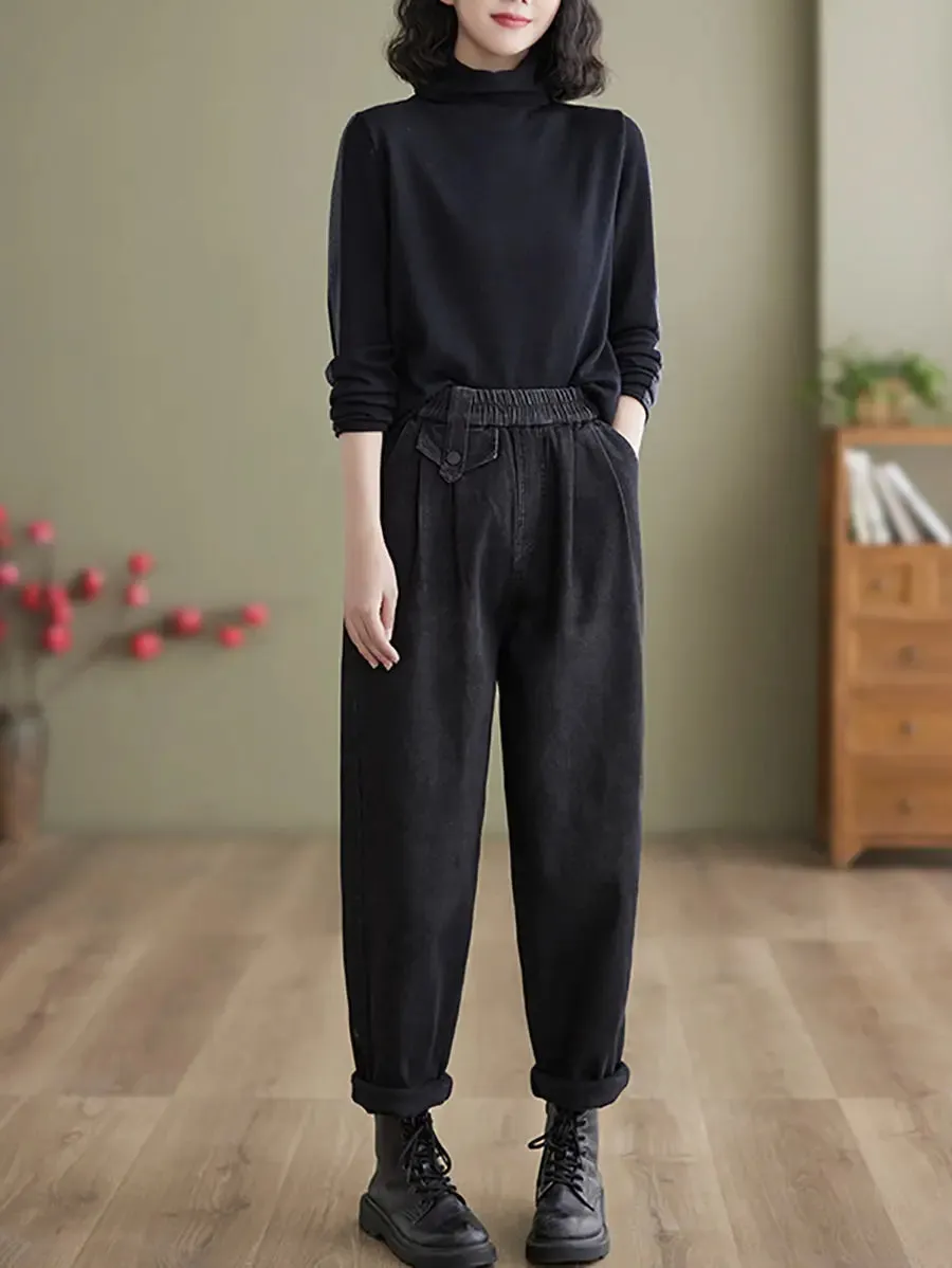 Women Fleece-lined Denim Harem Pants