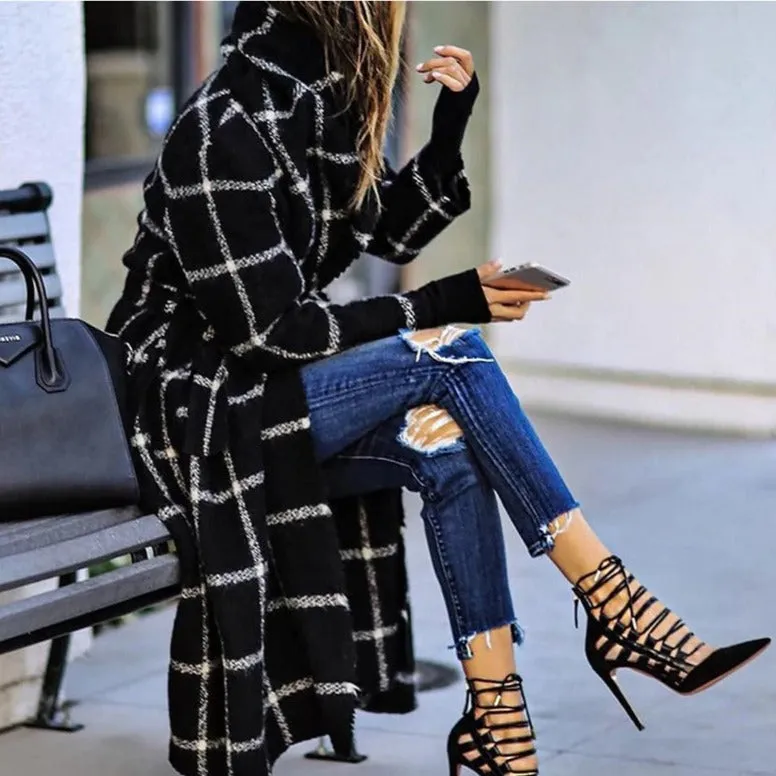 Women's Casual Black Hooded Long Trench Coat with Plaid Pattern | Ideal for Autumn/Winter