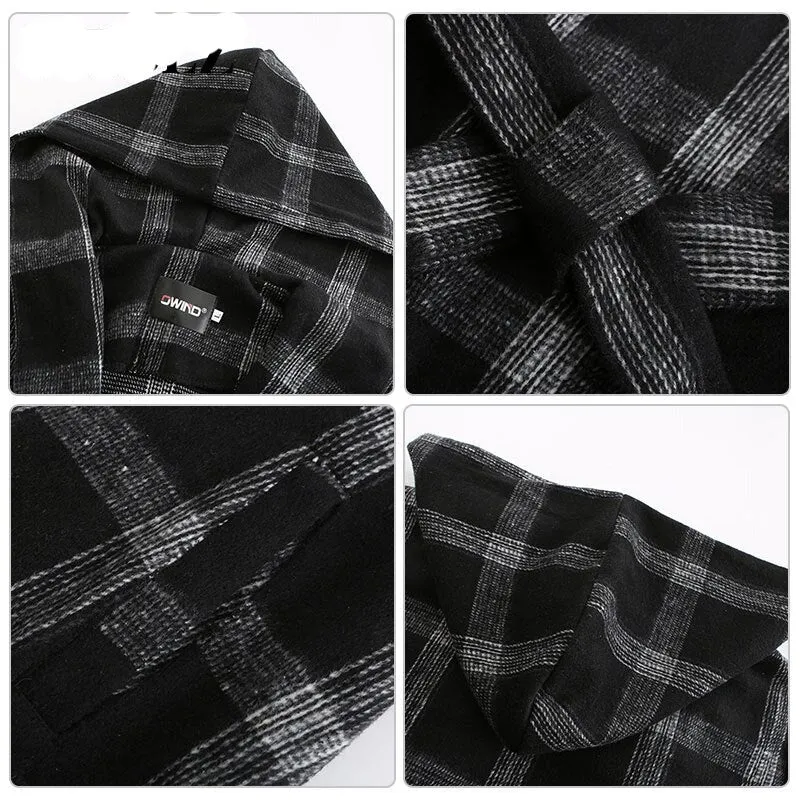 Women's Casual Black Hooded Long Trench Coat with Plaid Pattern | Ideal for Autumn/Winter