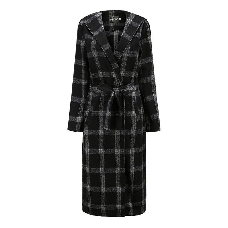 Women's Casual Black Hooded Long Trench Coat with Plaid Pattern | Ideal for Autumn/Winter