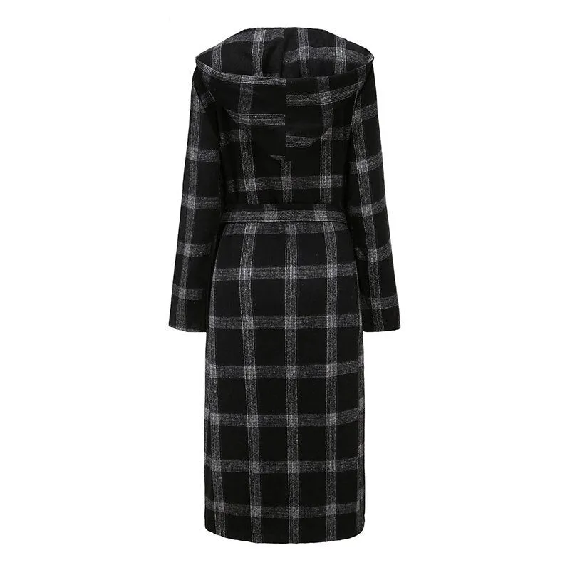 Women's Casual Black Hooded Long Trench Coat with Plaid Pattern | Ideal for Autumn/Winter