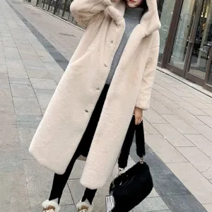 Women's Hooded Rabbit faux fur Long coat Thick and warm