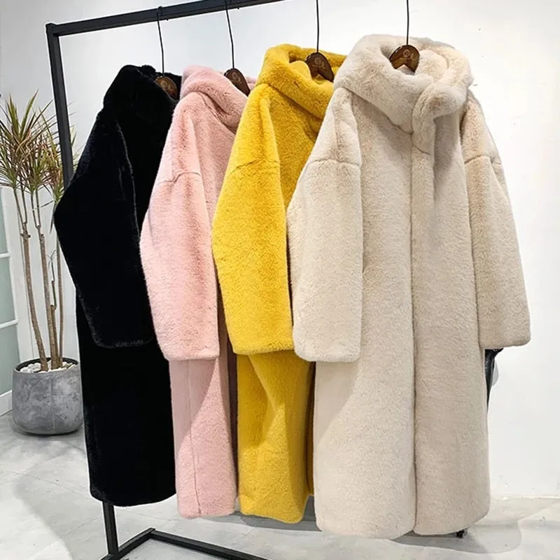 Women's Hooded Rabbit faux fur Long coat Thick and warm