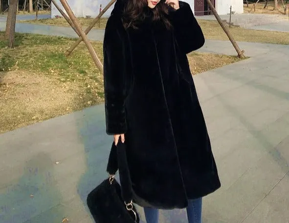 Women's Hooded Rabbit faux fur Long coat Thick and warm