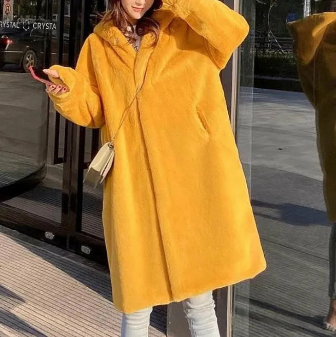 Women's Hooded Rabbit faux fur Long coat Thick and warm