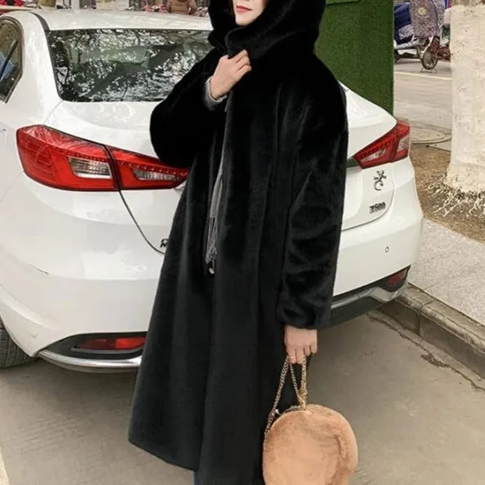 Women's Hooded Rabbit faux fur Long coat Thick and warm