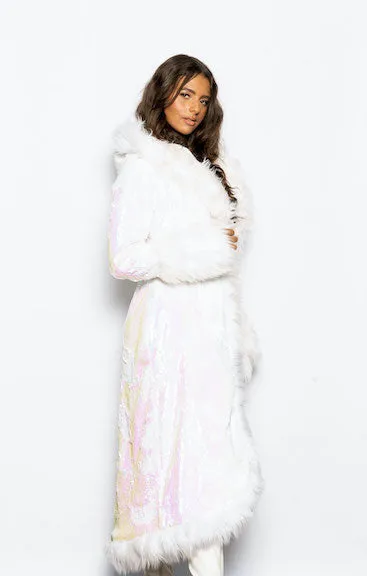 Women's LED Sequin Temptress Coat in "White Iridescent"