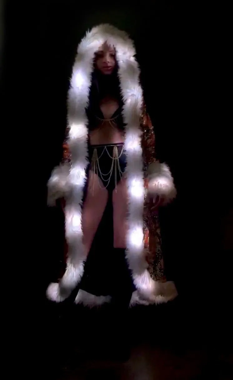 Women's LED Sequin Temptress Coat in "White Iridescent"