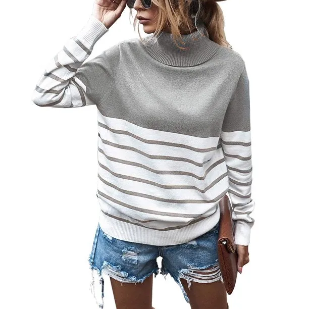 Women's Turtleneck Sweater Stripe Patchwork Knitted Pullover Jumper Tops