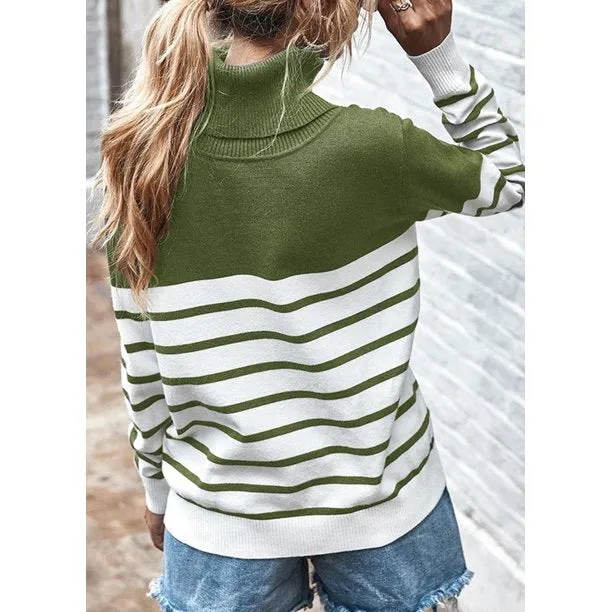 Women's Turtleneck Sweater Stripe Patchwork Knitted Pullover Jumper Tops