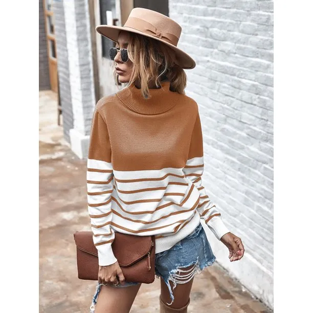 Women's Turtleneck Sweater Stripe Patchwork Knitted Pullover Jumper Tops