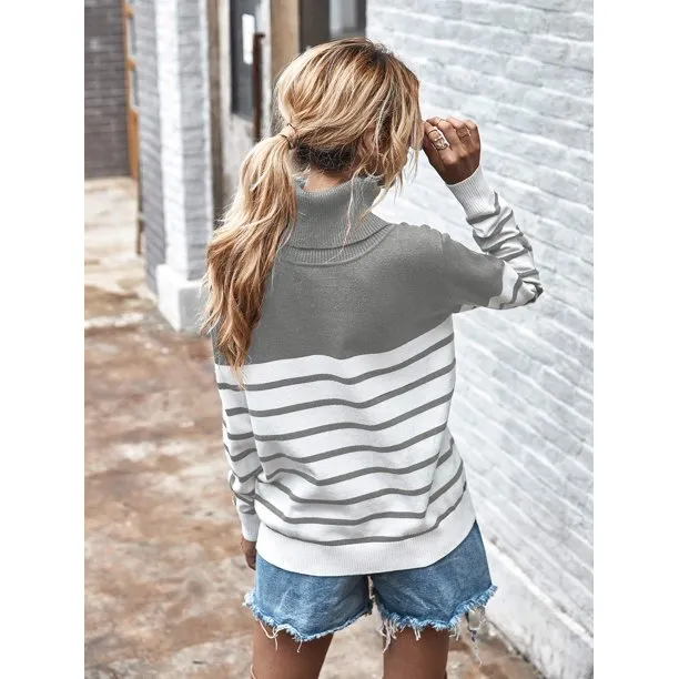 Women's Turtleneck Sweater Stripe Patchwork Knitted Pullover Jumper Tops