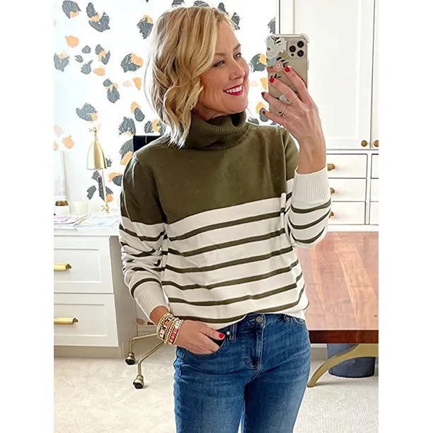 Women's Turtleneck Sweater Stripe Patchwork Knitted Pullover Jumper Tops