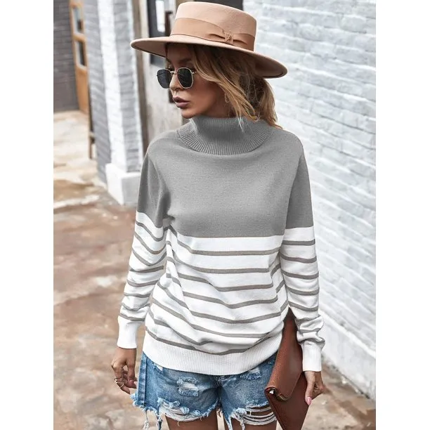 Women's Turtleneck Sweater Stripe Patchwork Knitted Pullover Jumper Tops