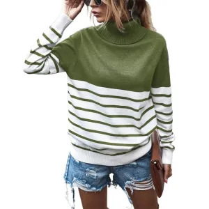 Women's Turtleneck Sweater Stripe Patchwork Knitted Pullover Jumper Tops