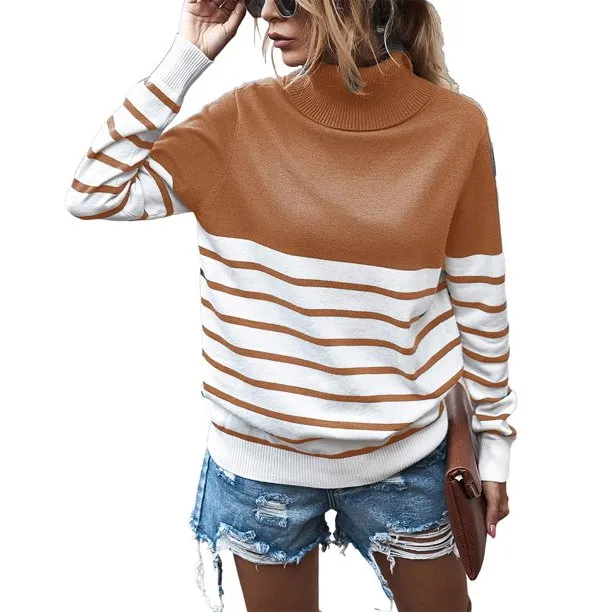 Women's Turtleneck Sweater Stripe Patchwork Knitted Pullover Jumper Tops